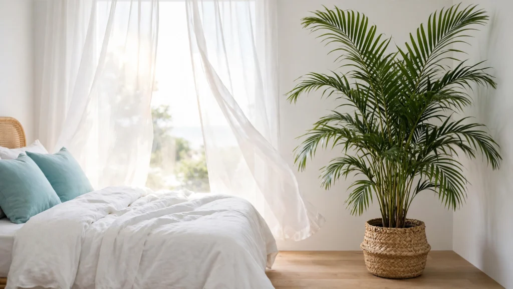 Tall potted palm in a woven basket planter in a bright coastal bedroom corner