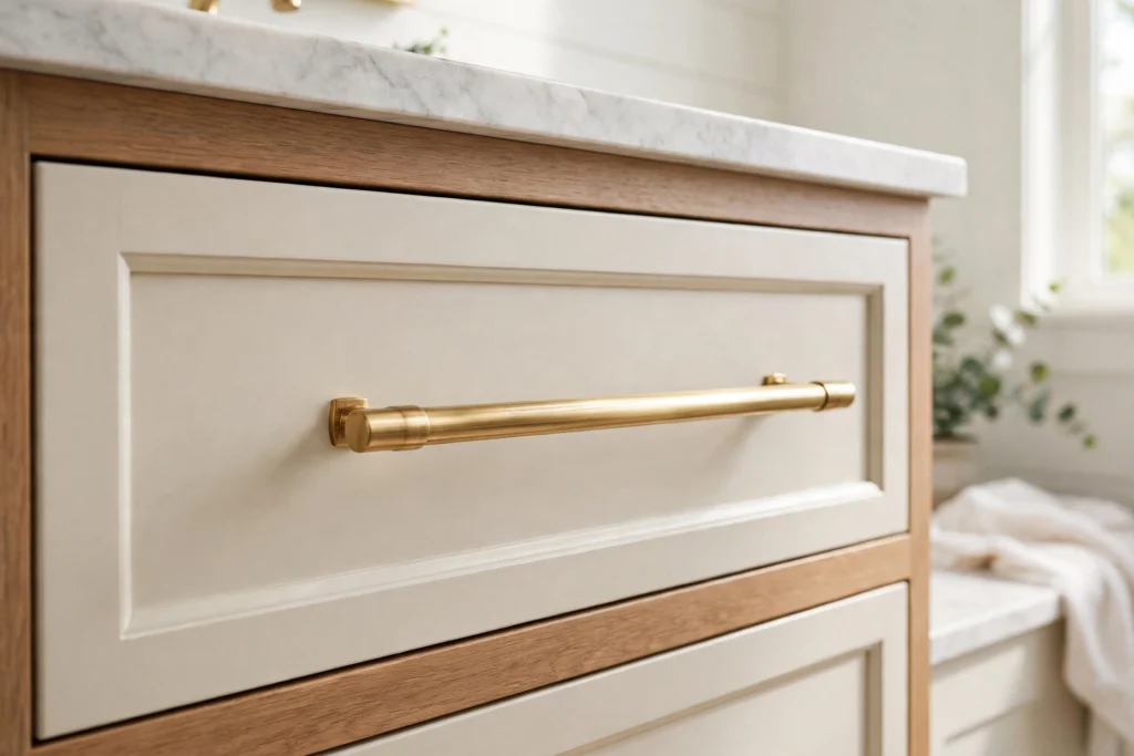 Wide brass bar pulls proportioned to a broad bathroom vanity drawer front