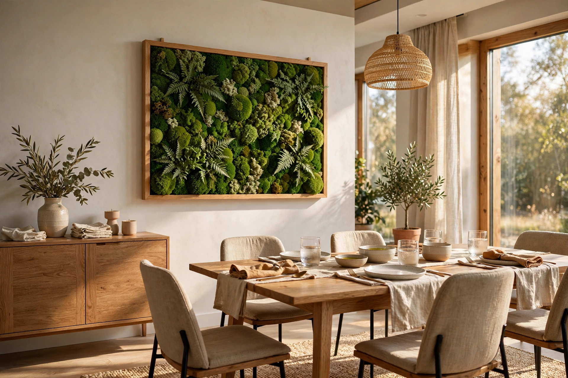 Framed preserved green moss wall panel hanging as art in a modern dining room