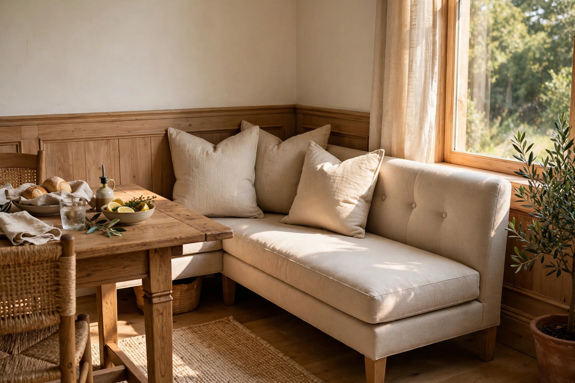 Upholstered beige bench with pillows tucked into a dining room corner
