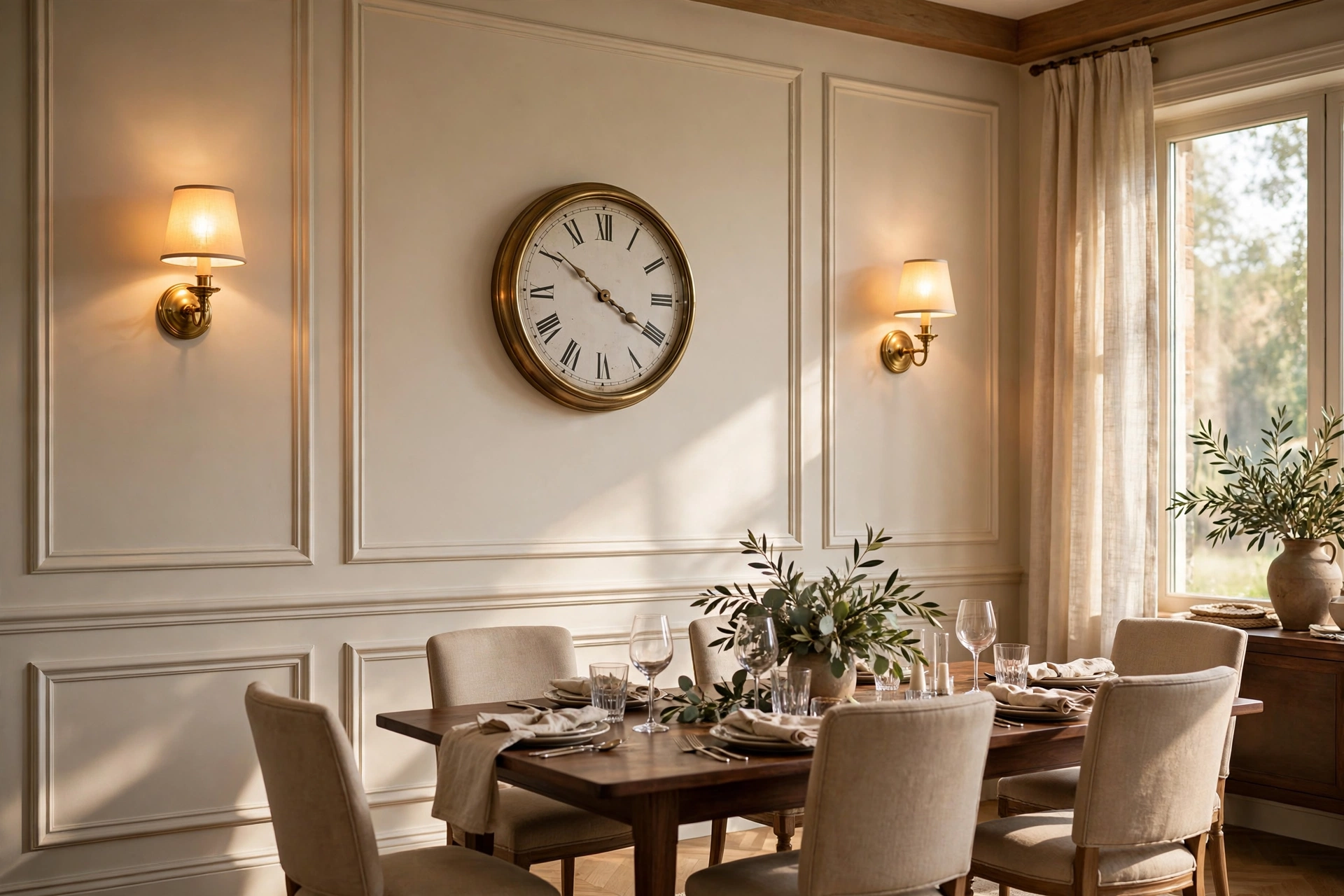 Wall clock flanked by two glowing brass wall sconces in an elegant dining room