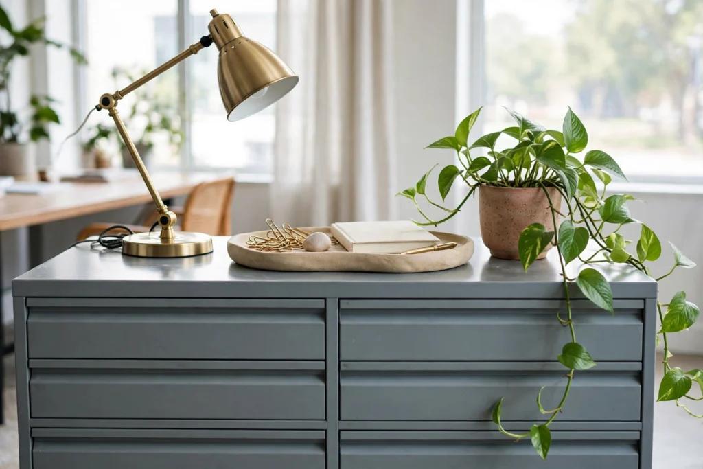 Styled filing cabinet top with lamp, trailing plant, and decorative tray