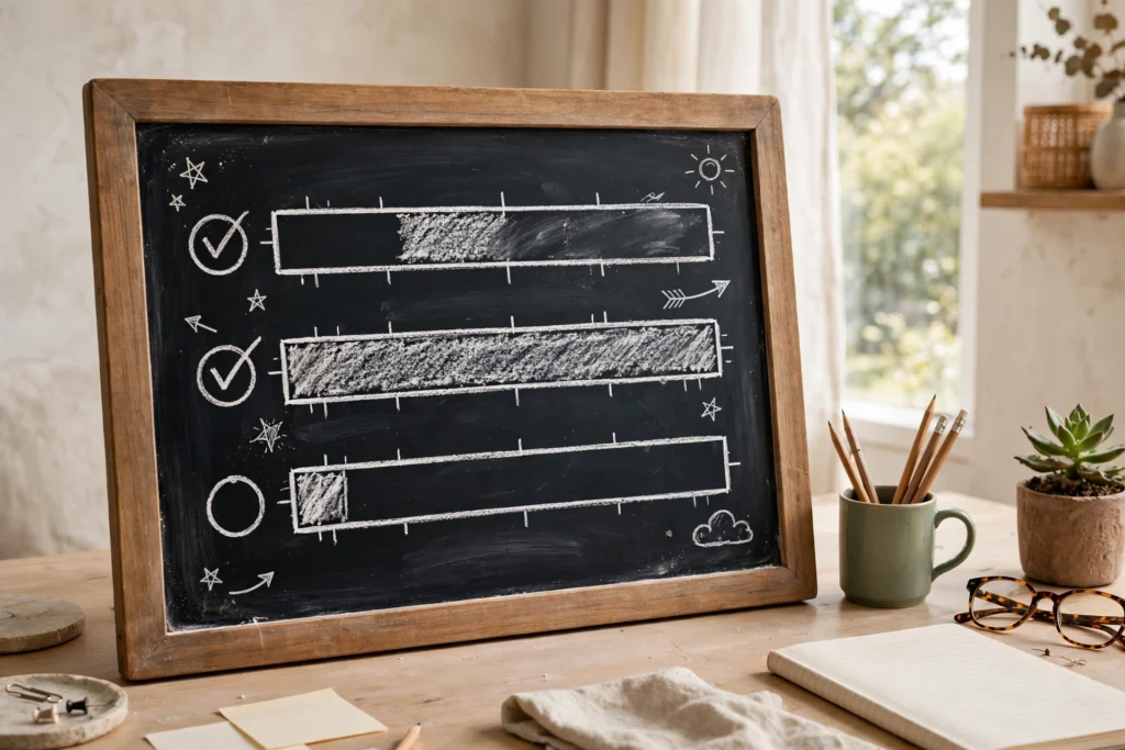 Framed chalkboard goal tracker with progress bars and handwritten targets in a home workspace