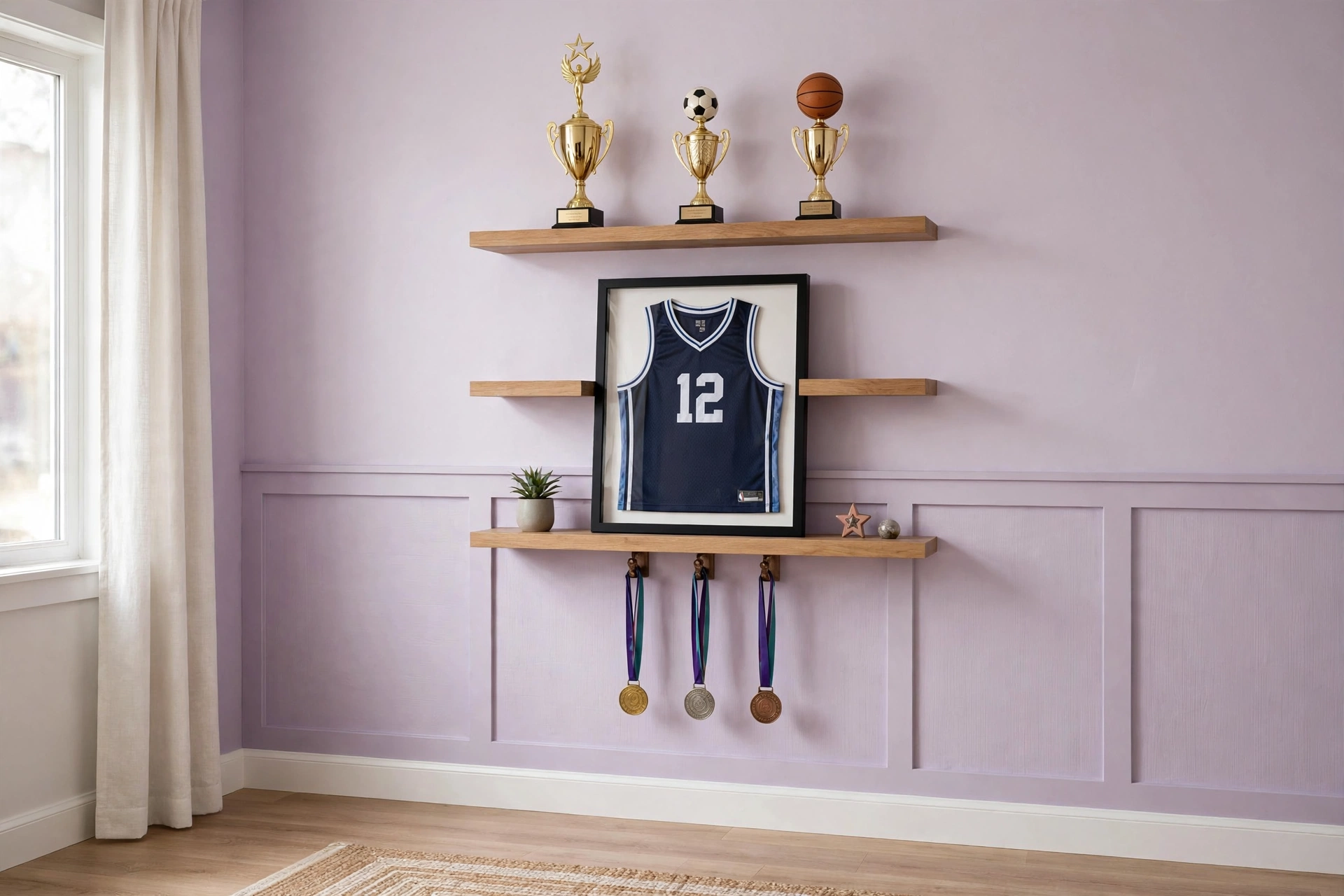 Floating shelves displaying trophies, a framed jersey, and medals on a tween wall