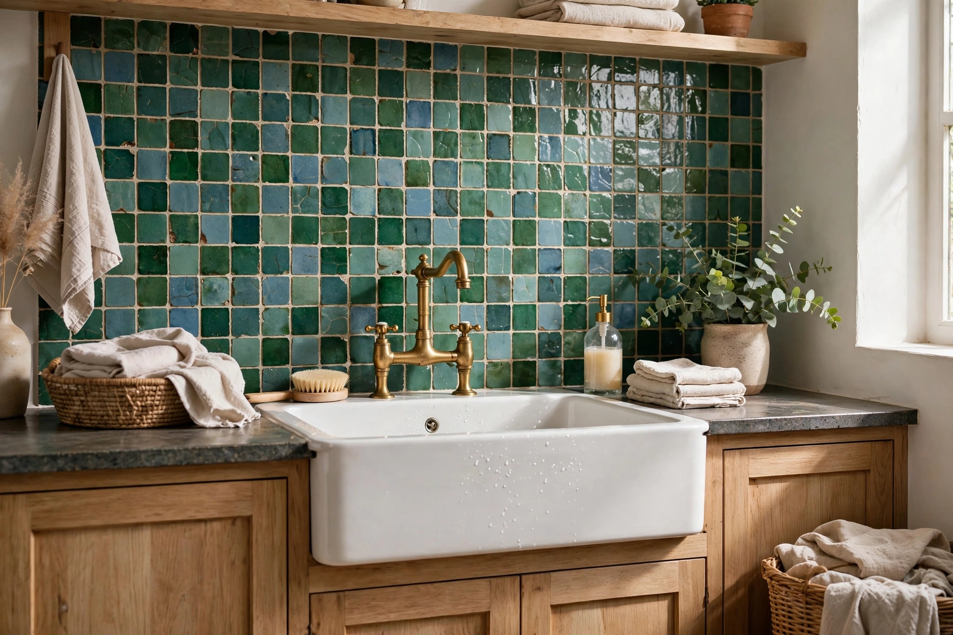 Handmade-look zellige tile backsplash behind a laundry sink with brass faucet