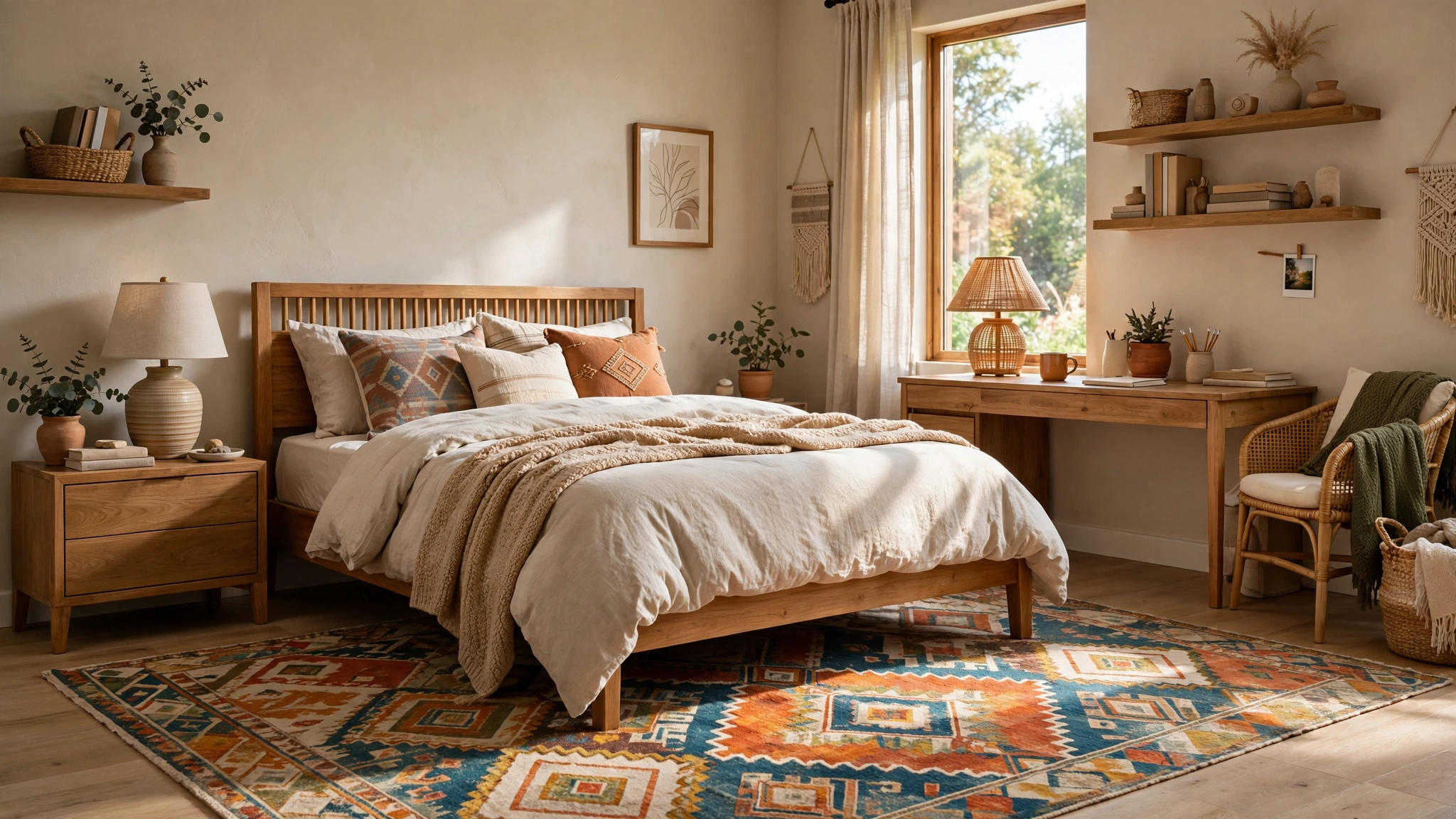 Teen bedroom anchored by a large geometric patterned area rug under the bed