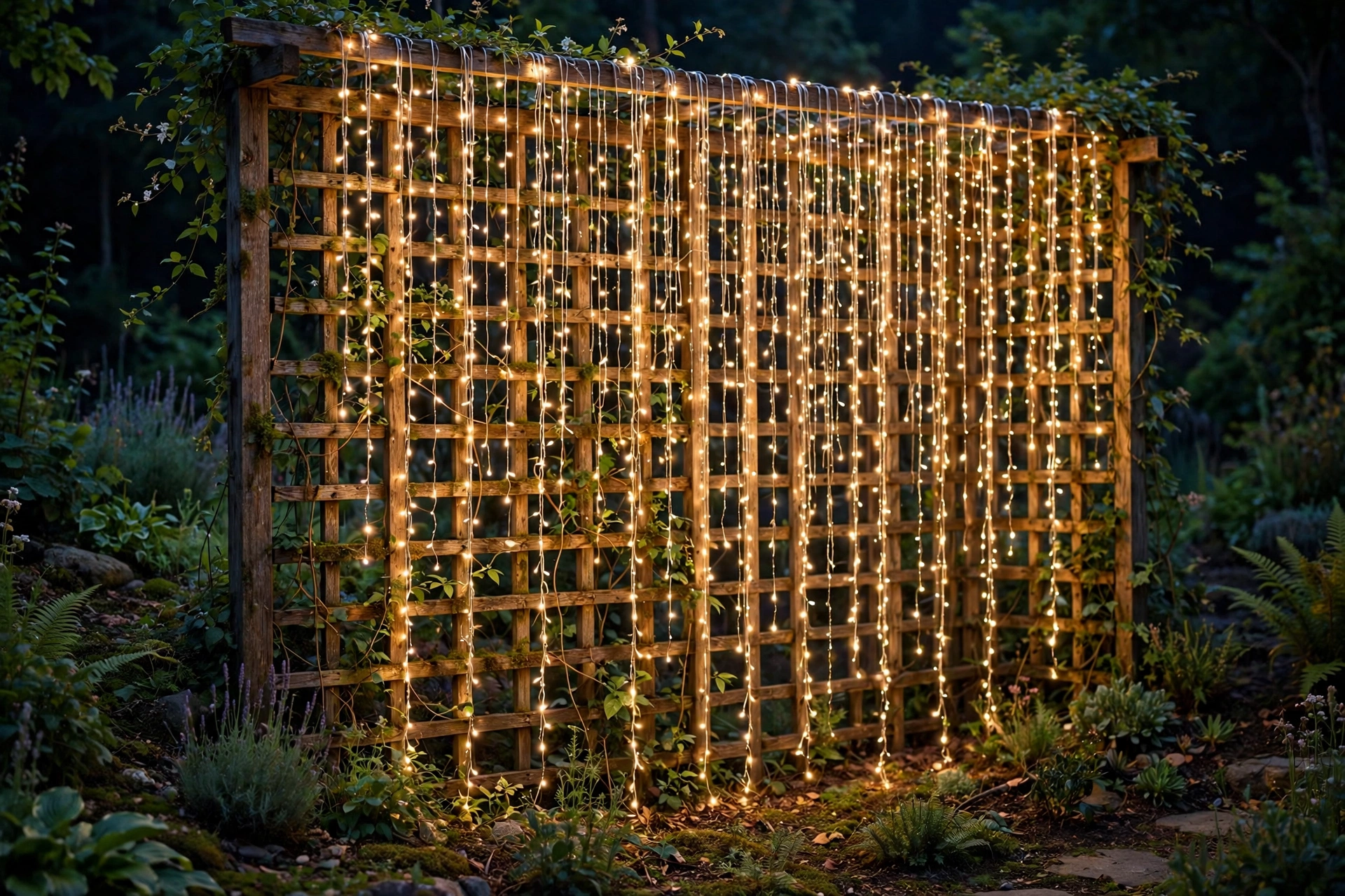 Waterfall string lights washing down a wooden trellis privacy wall