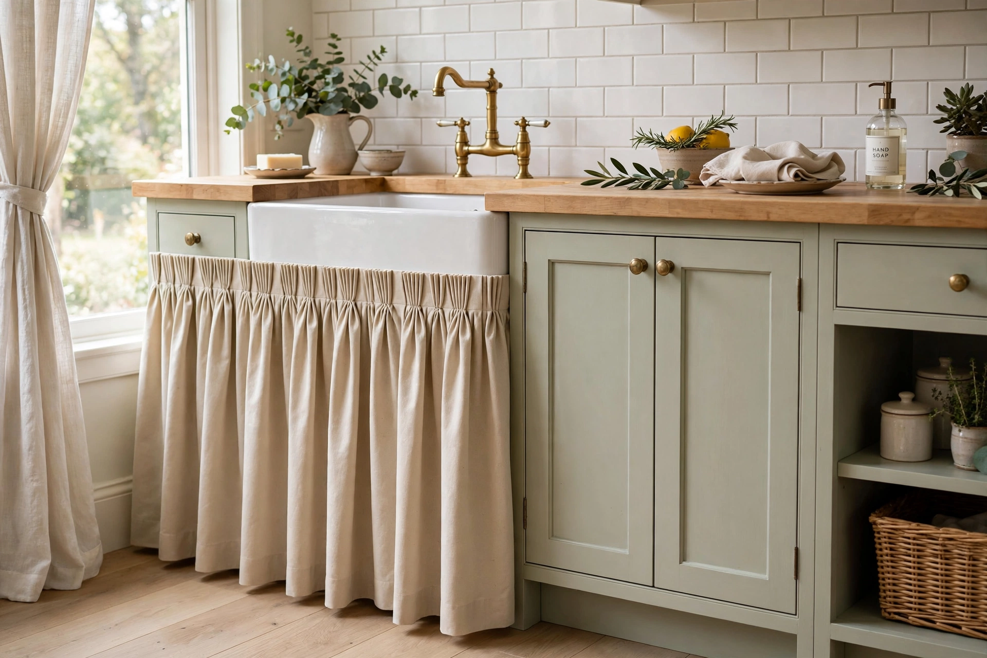 Elegant pinch-pleated sink skirt in cotton duck beside painted shaker cabinets