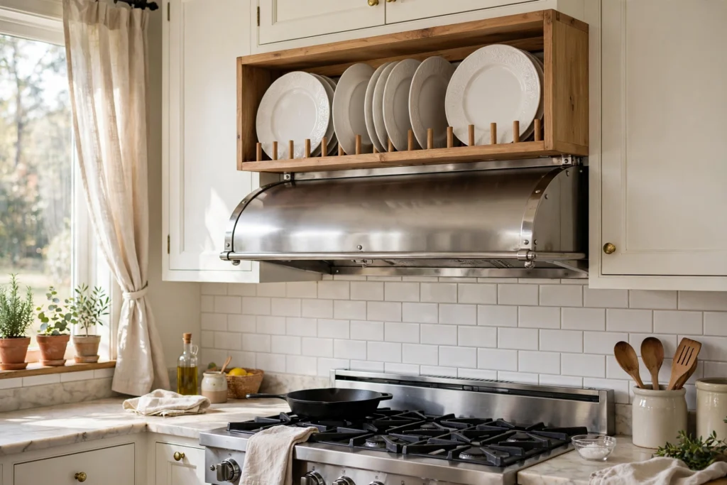 Plate rack mounted above a range hood displaying washable white ironstone plates
