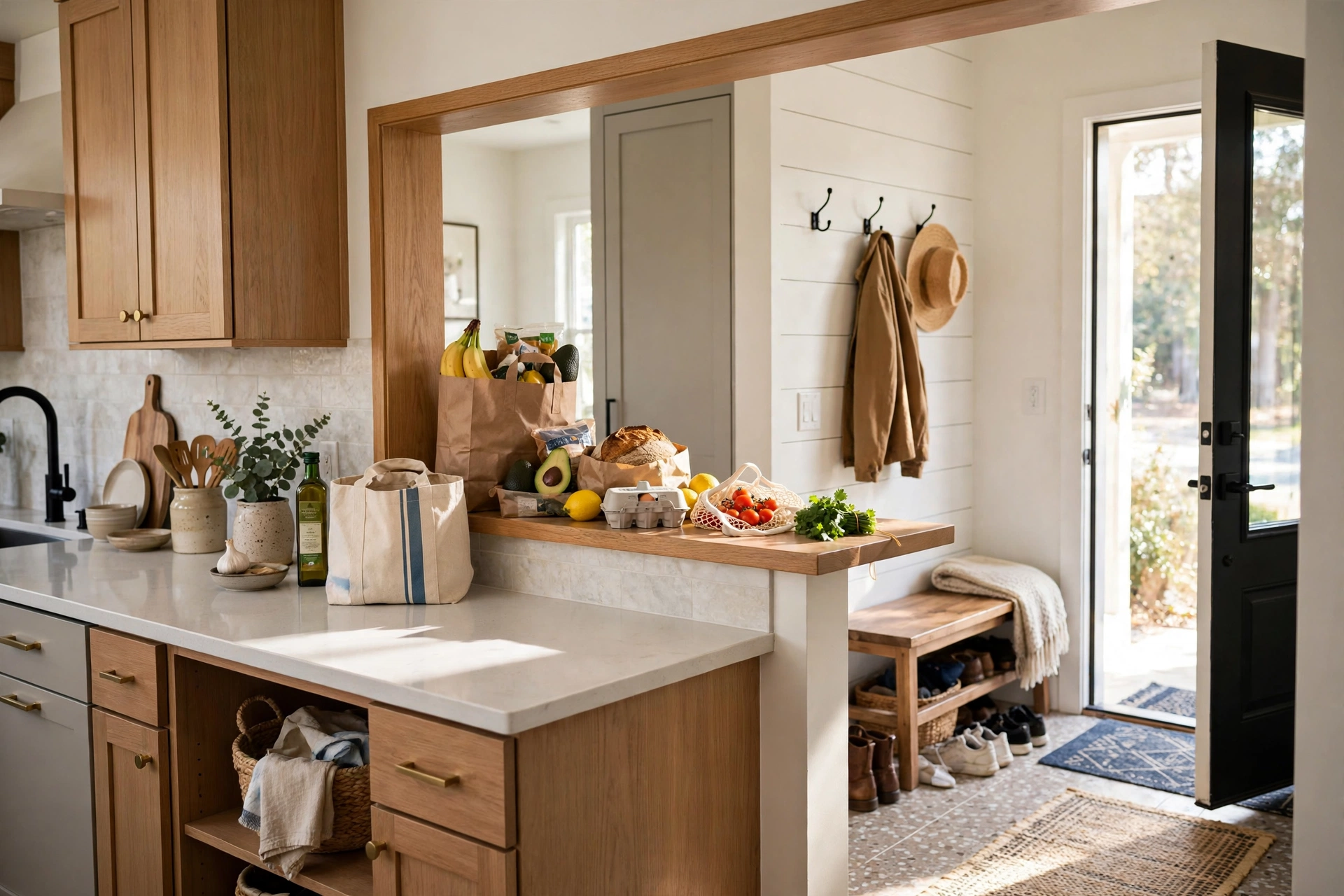 Pass-through between kitchen and entryway used for sliding groceries straight onto the counter