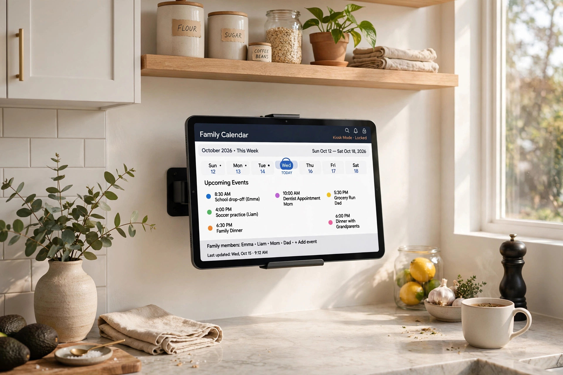 Wall-mounted tablet displaying the family calendar in kiosk mode in a modern kitchen
