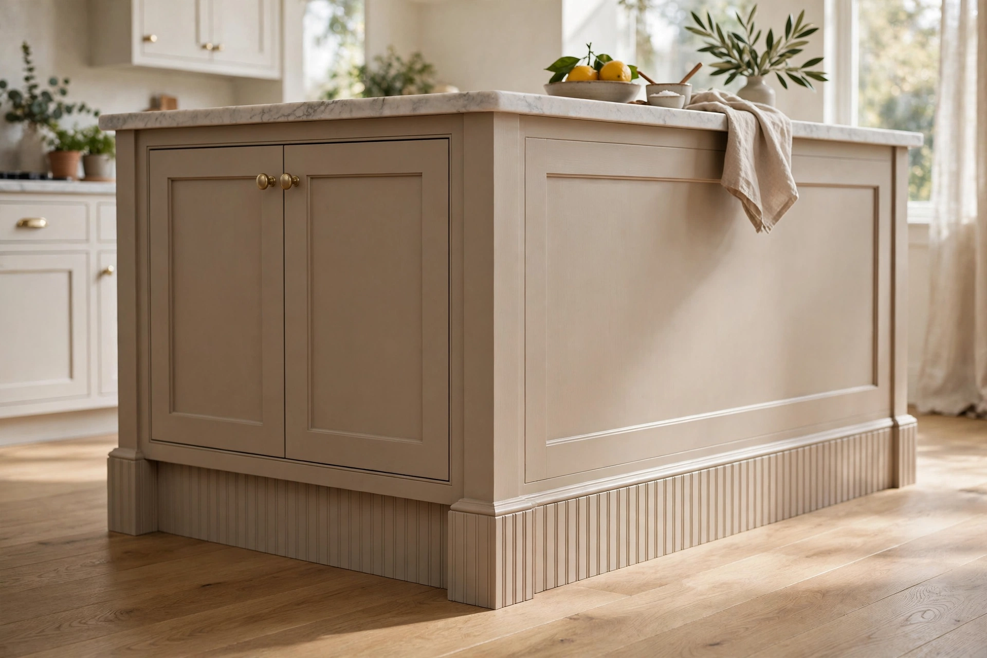 Subtle beadboard detail applied to the toe-kick of a kitchen island base