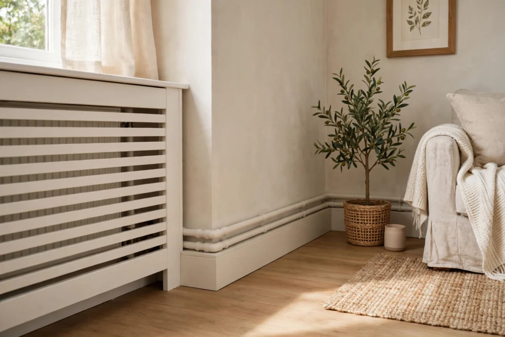Painted pipe boxing running from radiator cover along the skirting board