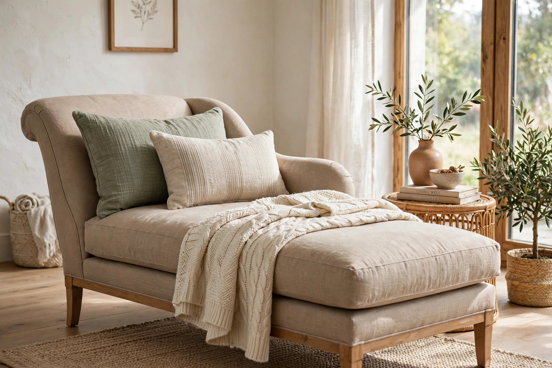 Chaise lounge styled with a folded throw and lumbar pillows