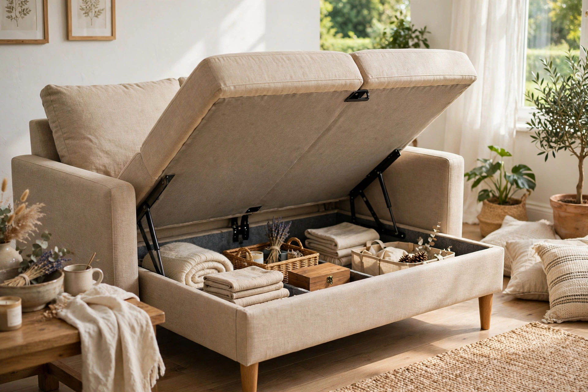Storage loveseat with lift-up seat revealing hidden compartment inside