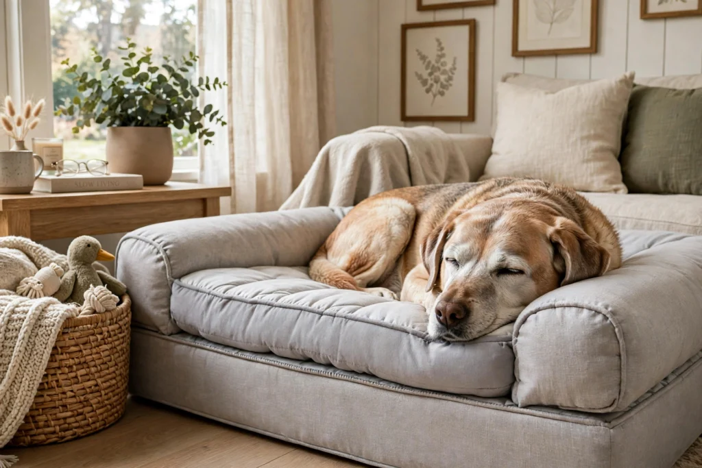 Senior dog resting on a thick orthopedic memory-foam bed