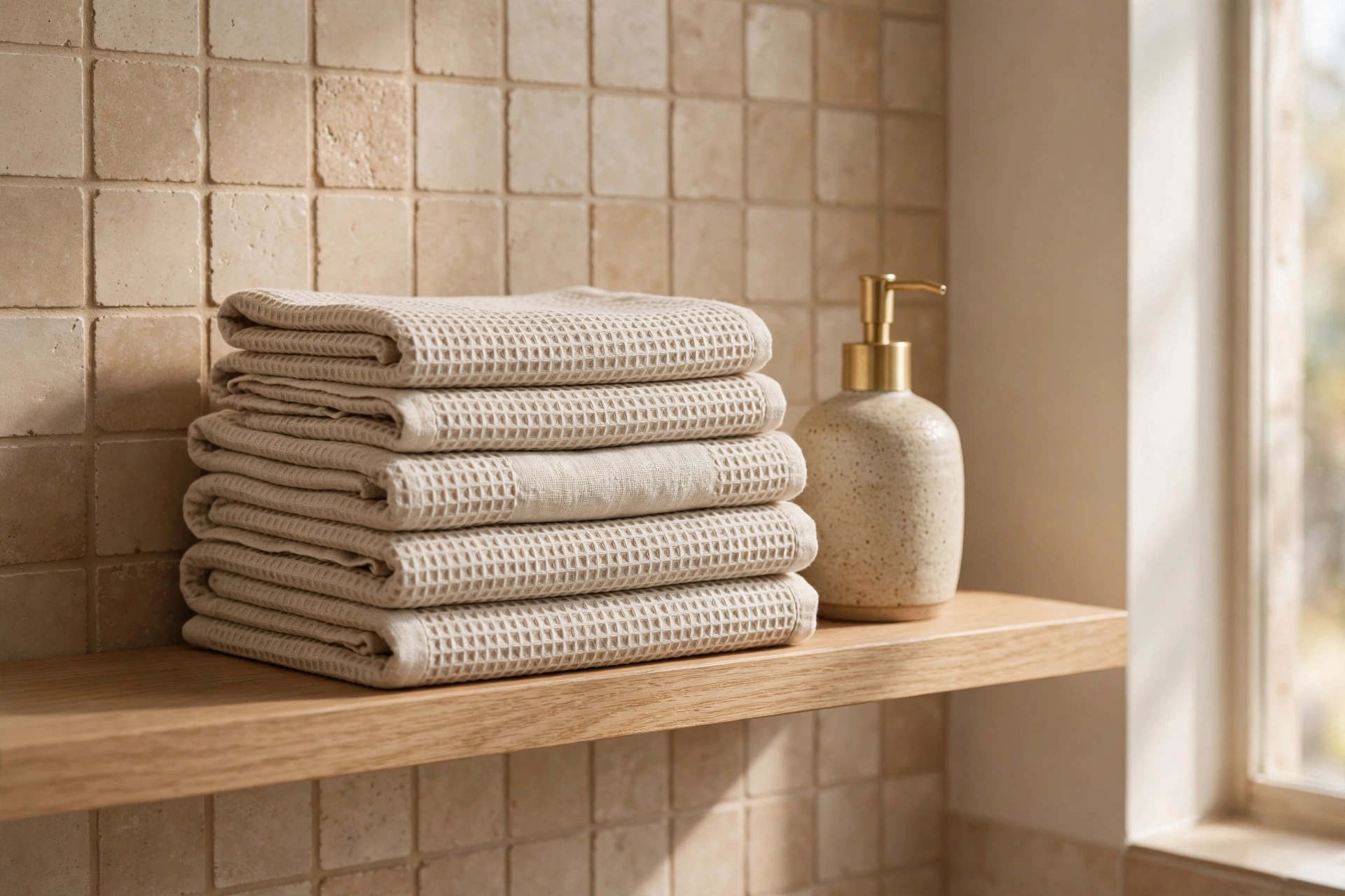 Folded oatmeal waffle-weave towels on an oak bathroom shelf