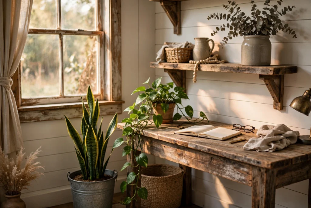 Potted plants and dried botanicals in a farmhouse home office