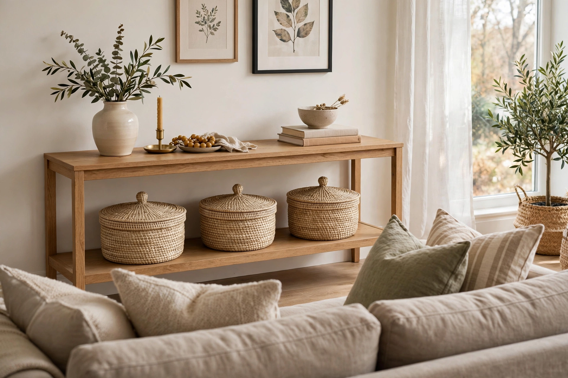 Slim console table behind a sofa with lidded baskets on the lower shelf