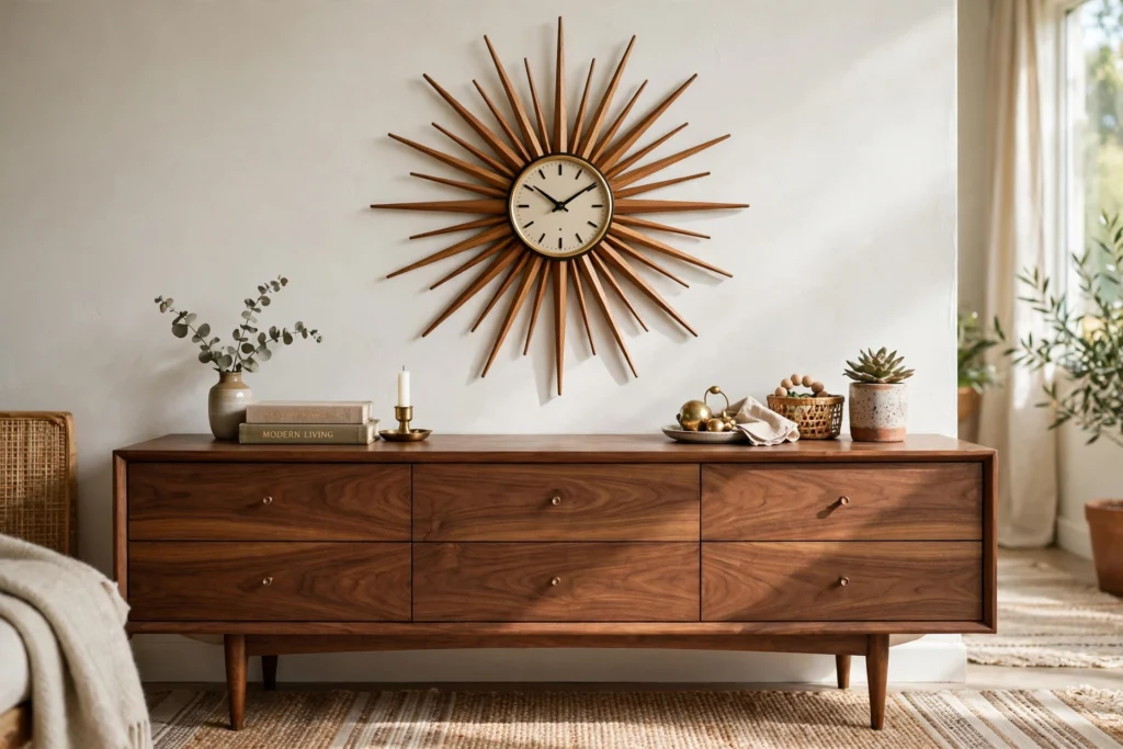 Mid-century starburst clock with wooden rays above a low walnut dresser