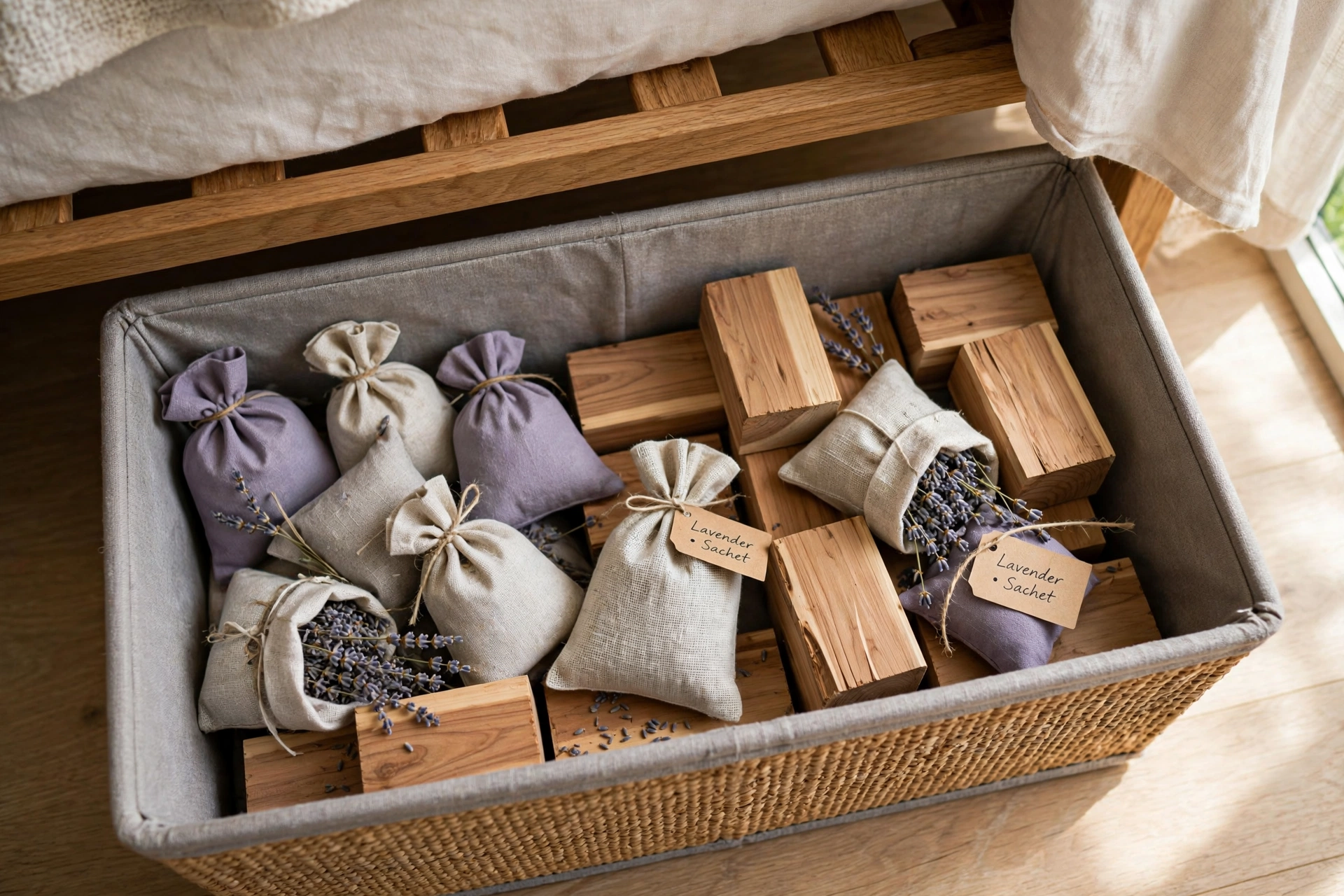 Cedar blocks and lavender sachets placed inside an under-bed clothing bin