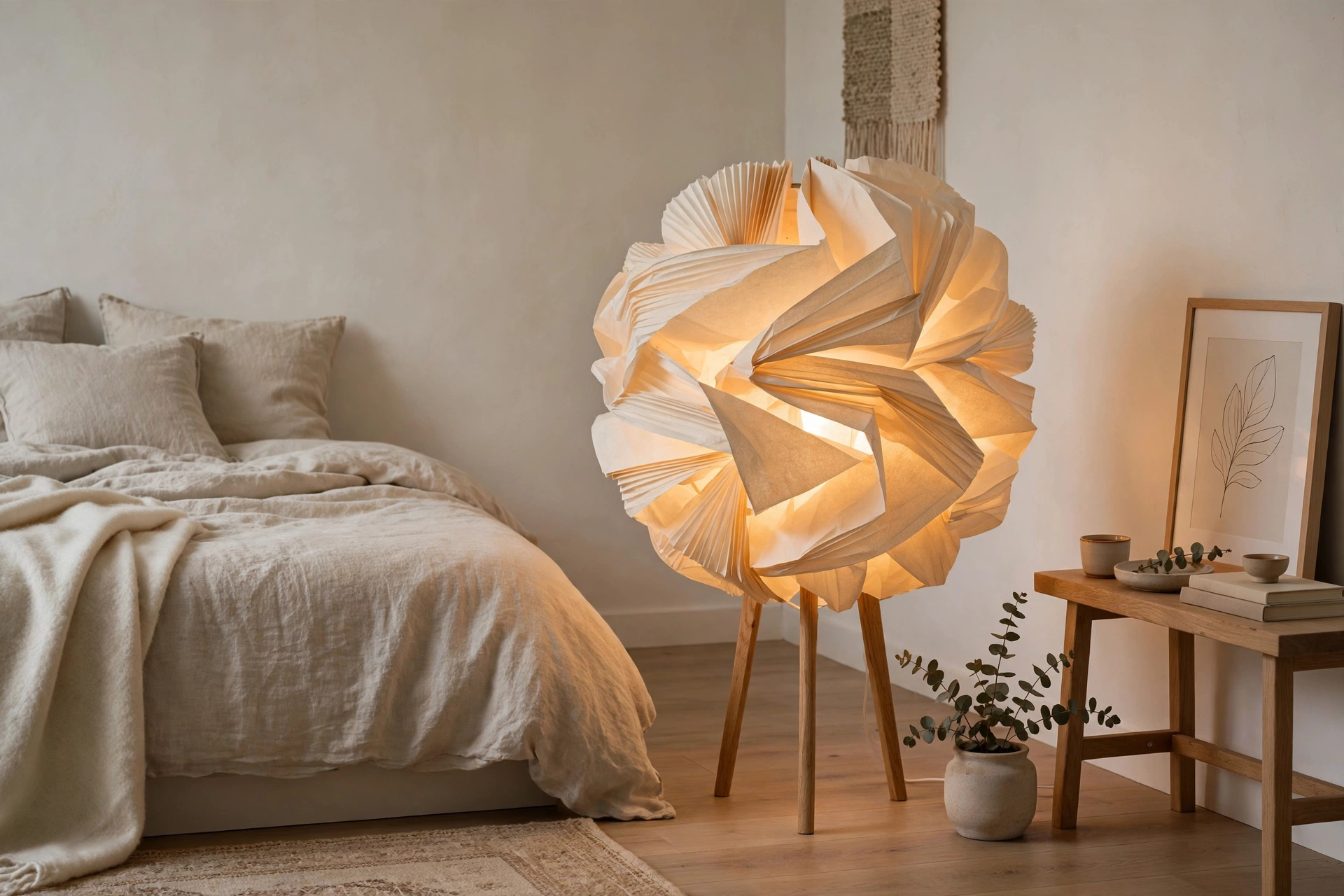 Sculptural paper lantern floor lamp glowing softly in a minimalist bedroom