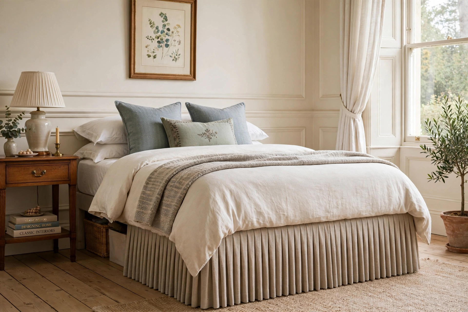 Tailored pleated bed skirt hiding under-bed storage in a classic bedroom