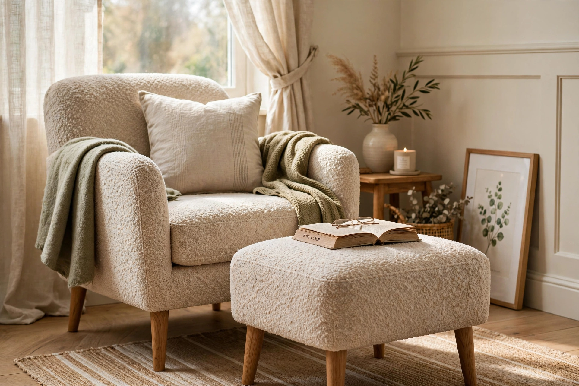 Accent chair with a matching ottoman and a book in a cozy bedroom nook