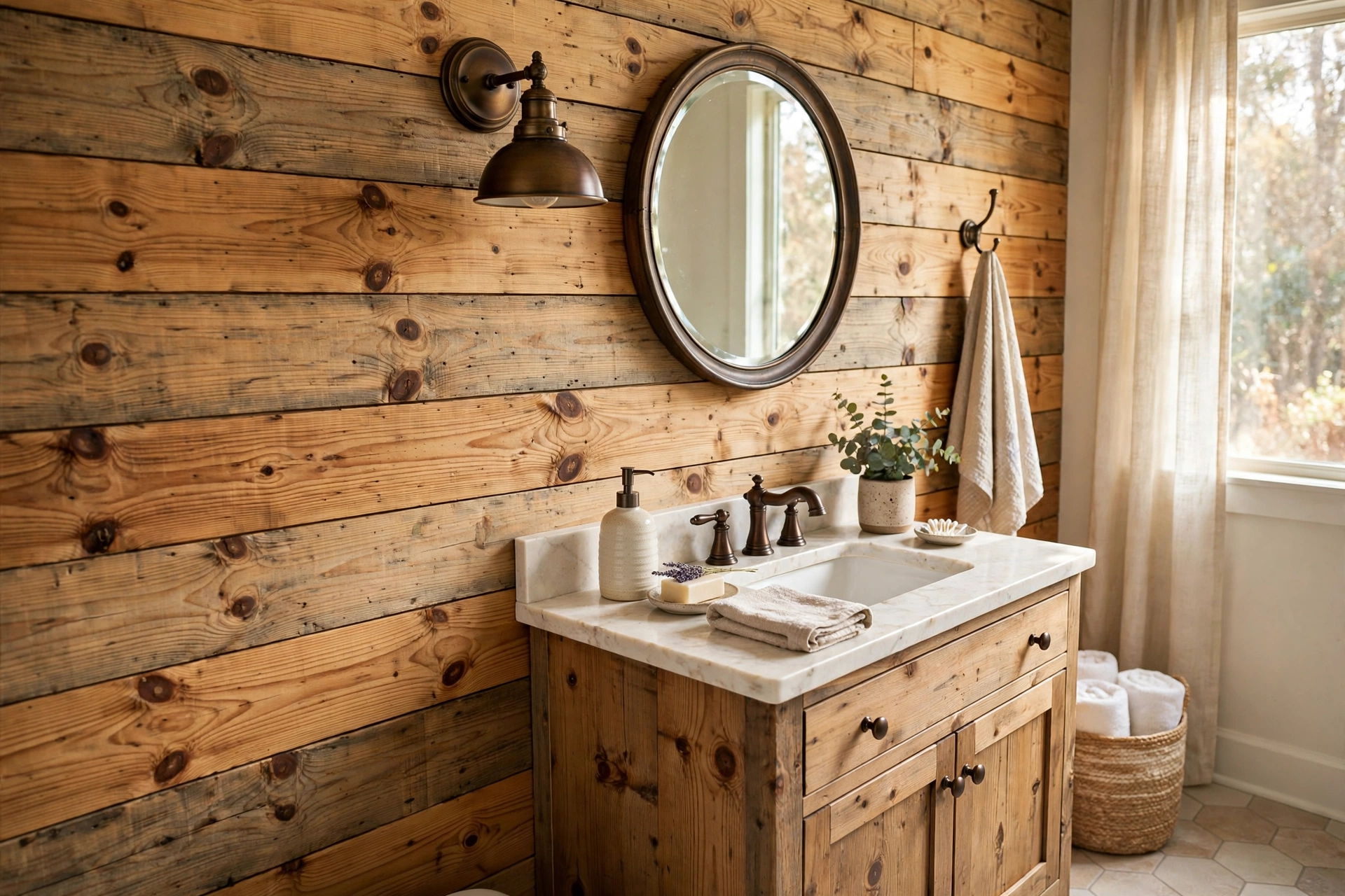 Rustic knotty pine shiplap wall with visible grain and bronze fixtures