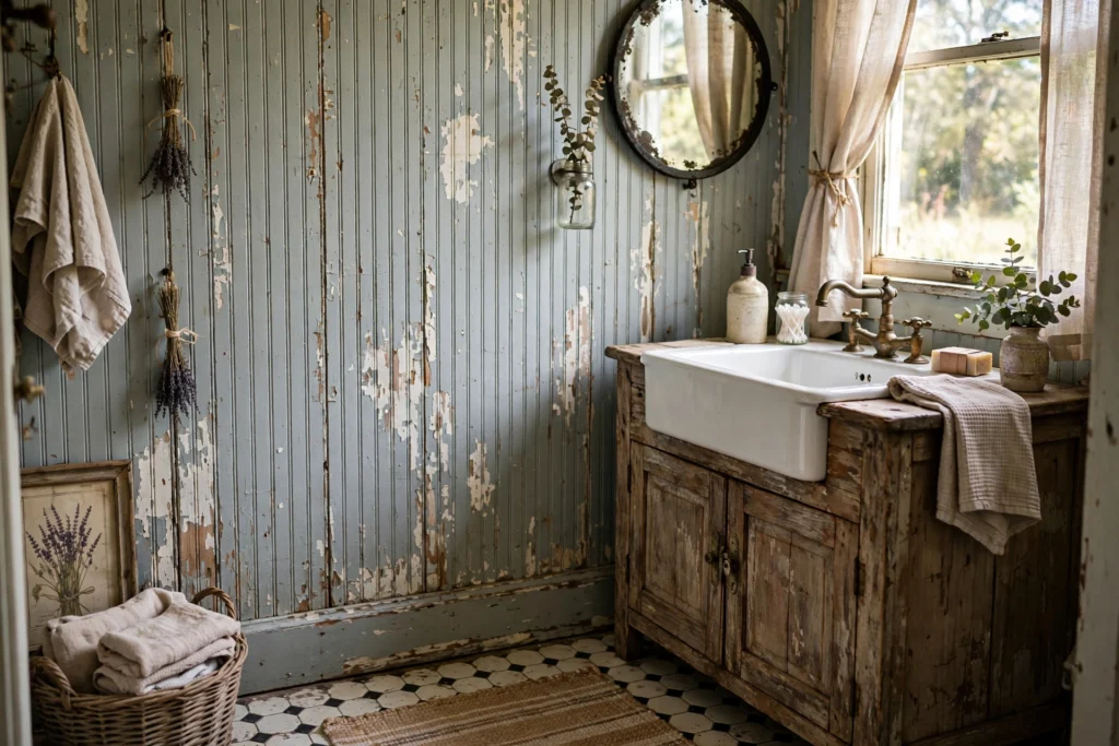 Distressed antiqued beadboard wall in a vintage farmhouse bathroom