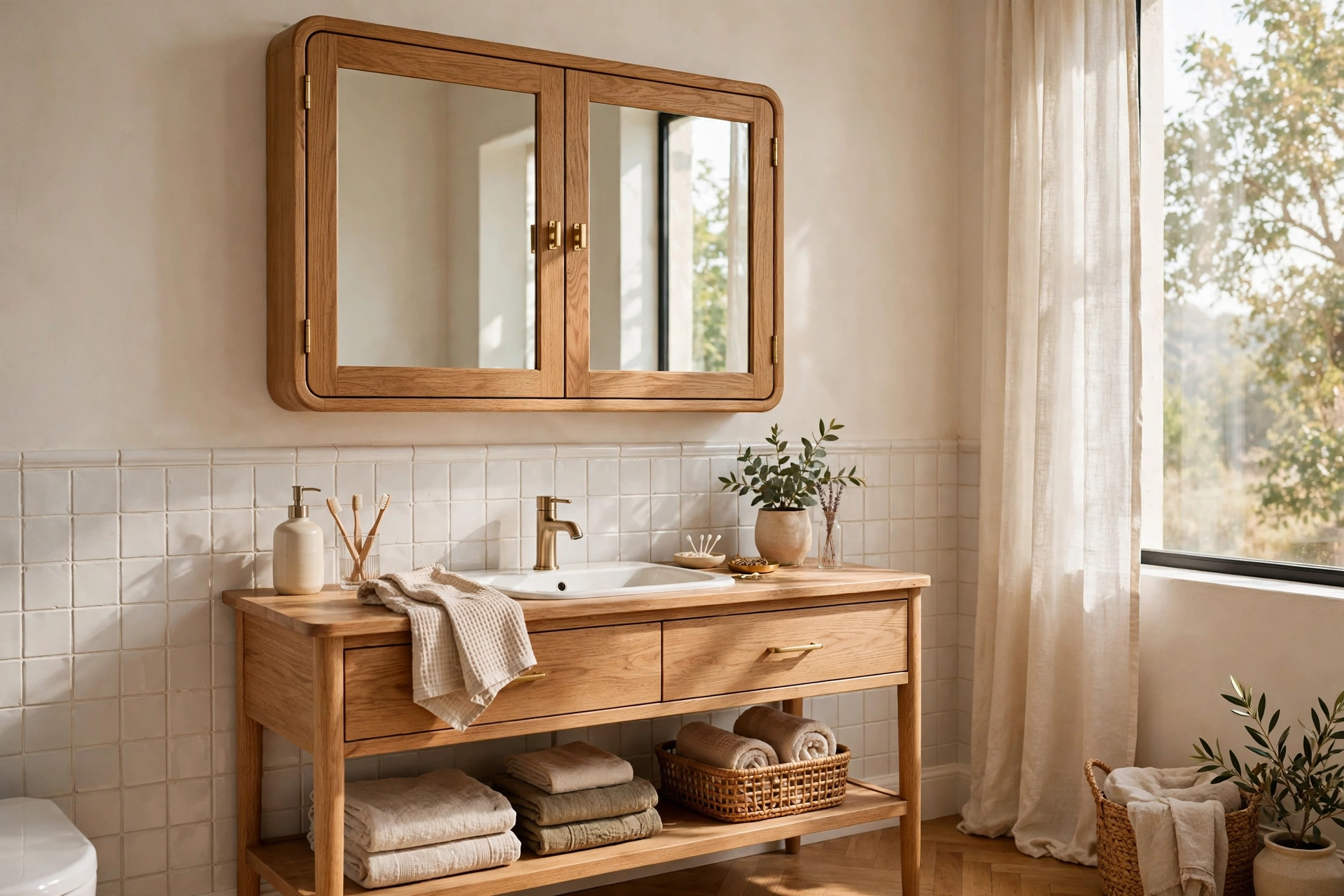 Warm white oak medicine cabinet above a matching wood vanity