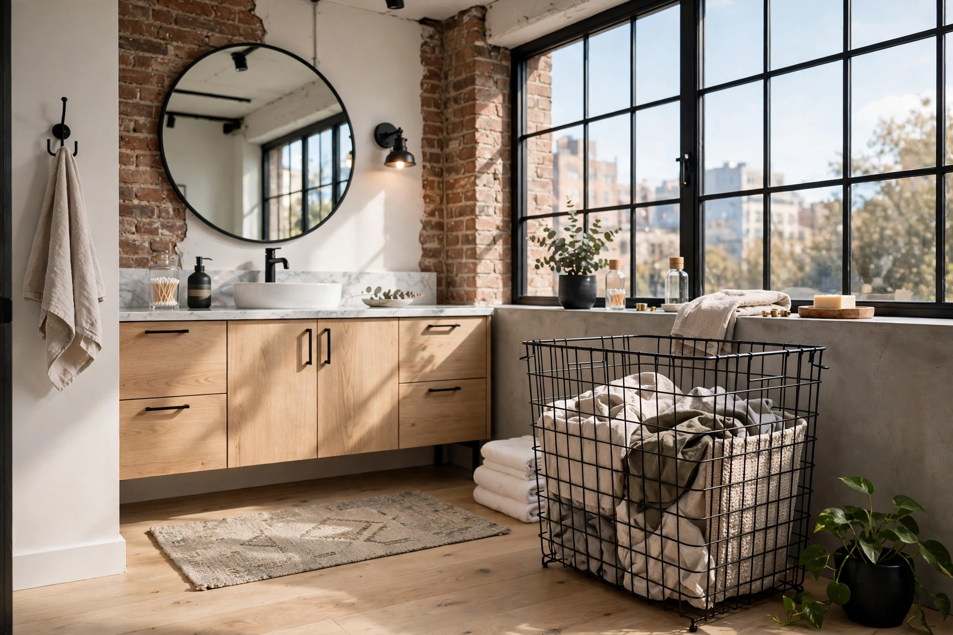 Industrial black wire-frame laundry hamper in a modern loft bathroom