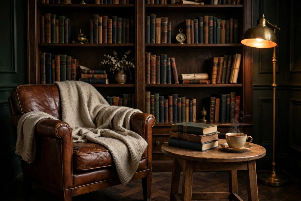 Cozy reading nook with leather armchair, brass floor lamp and books in a moody office