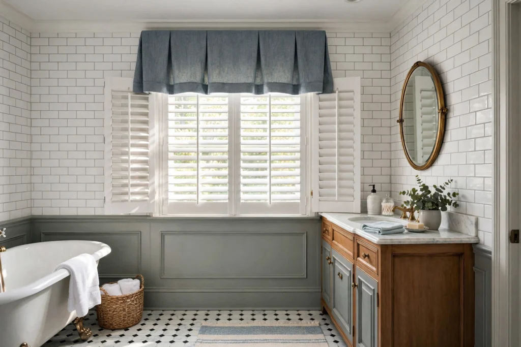 Plantation shutters paired with a tailored fabric valance in a traditional bathroom