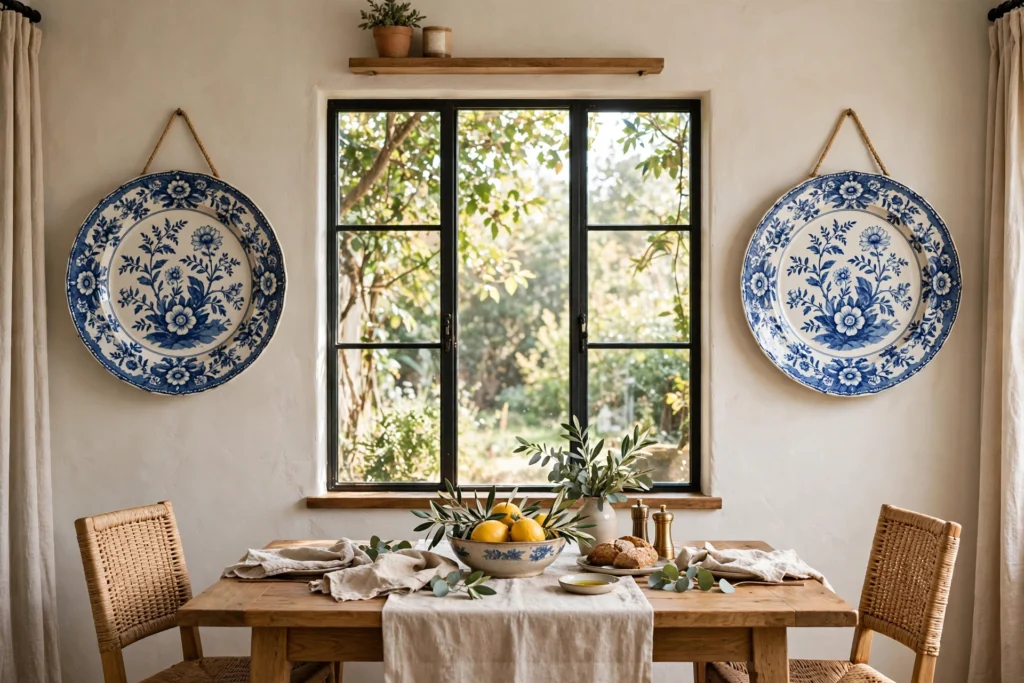 Two matching large platters hung symmetrically on either side of a dining window