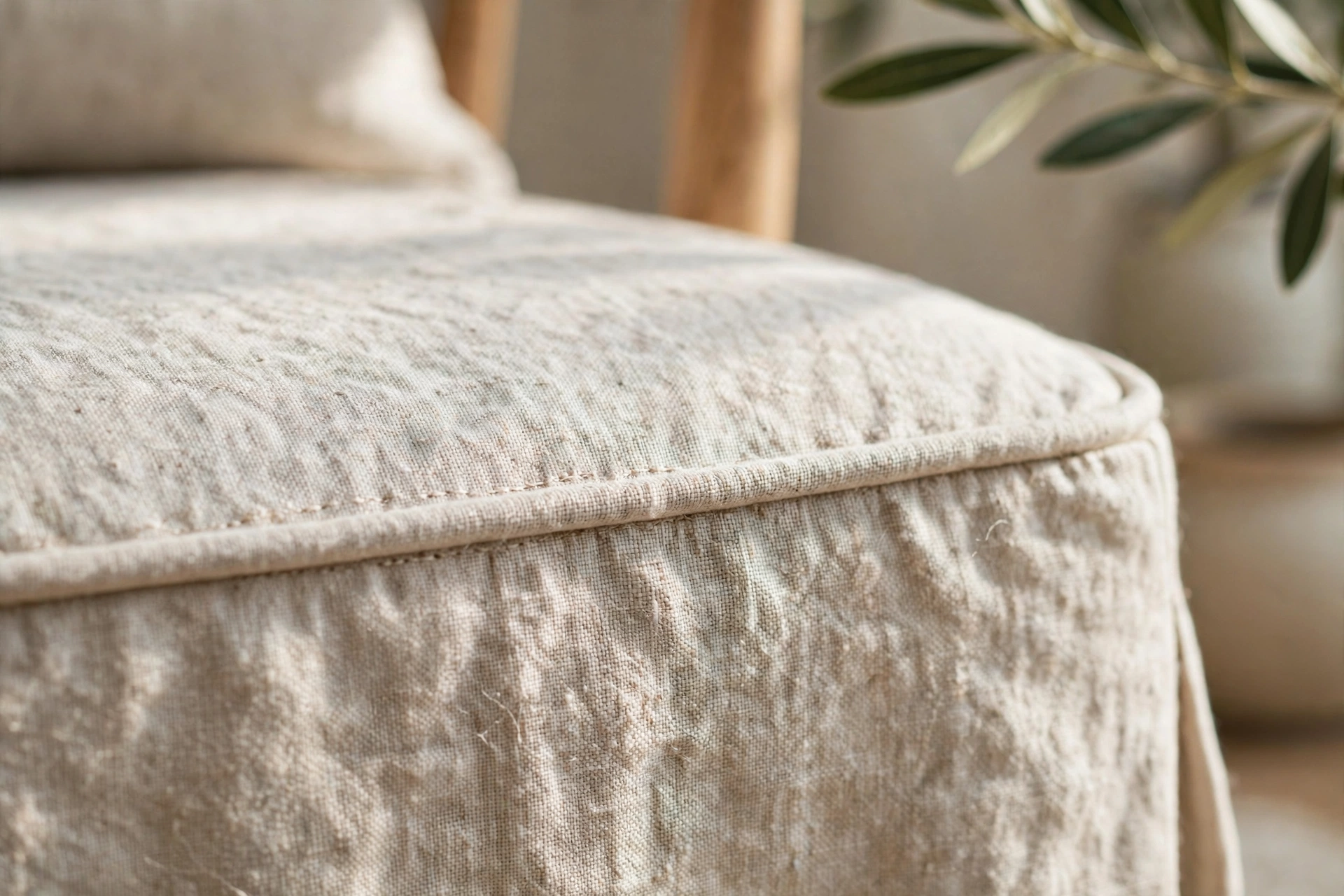 Close-up of welt cord piping along the seat seam of a handmade chair slipcover