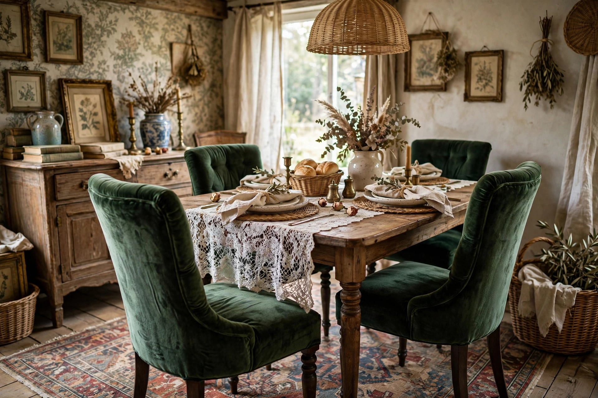 Velvet dining chairs, lace runner, and wicker accents in a layered vintage room