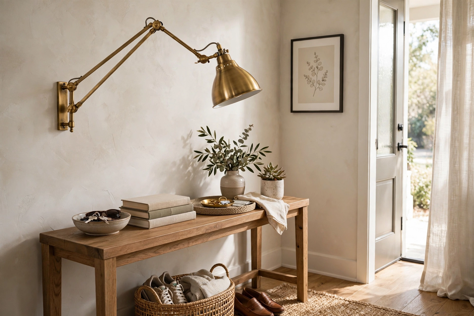Adjustable brass pharmacy swing-arm lamp angled over an entryway console