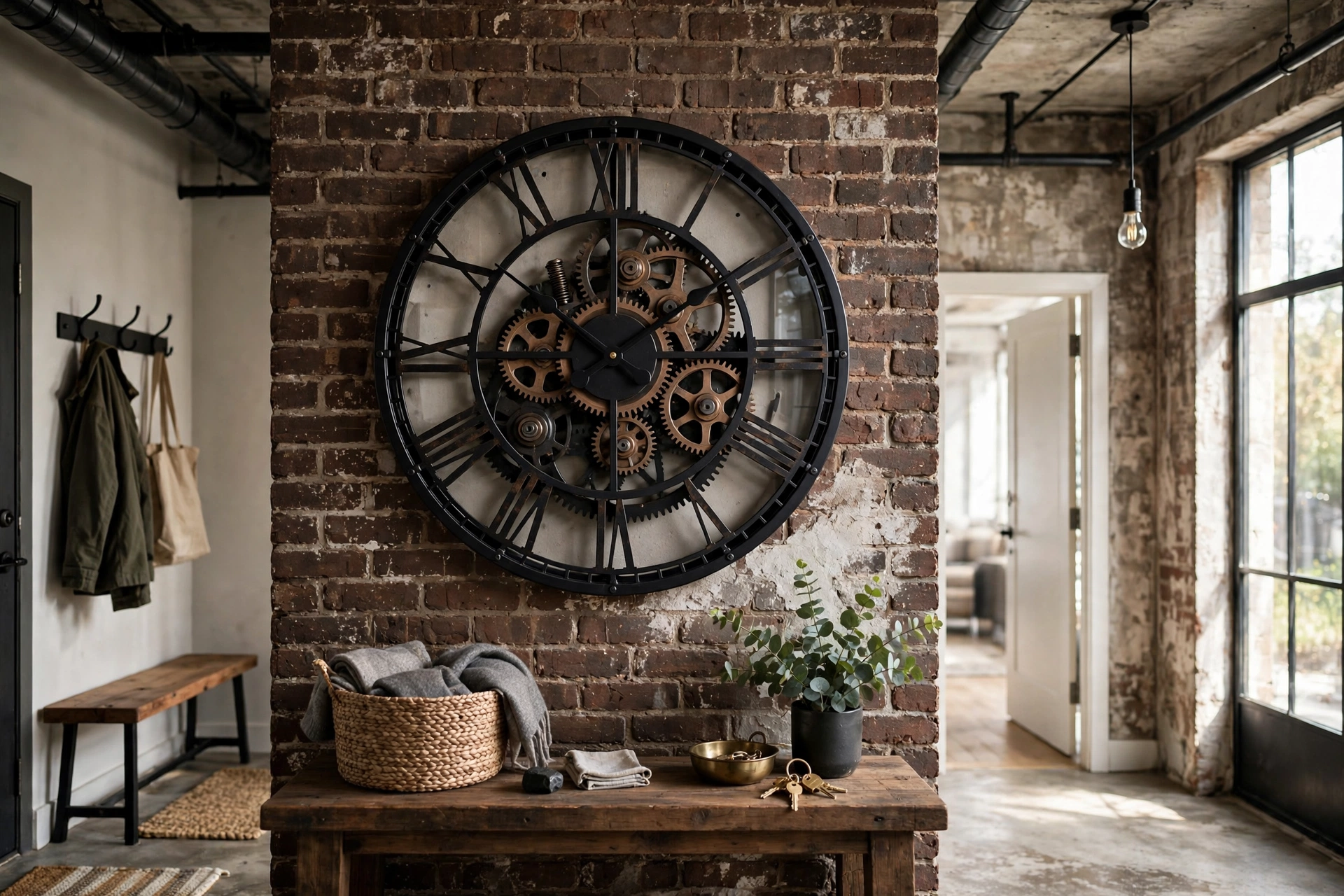 Industrial black metal wall clock with exposed gears in a loft-style entryway