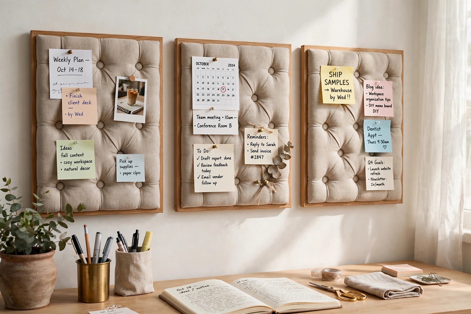 Tufted linen memo board panels holding notes on an office wall