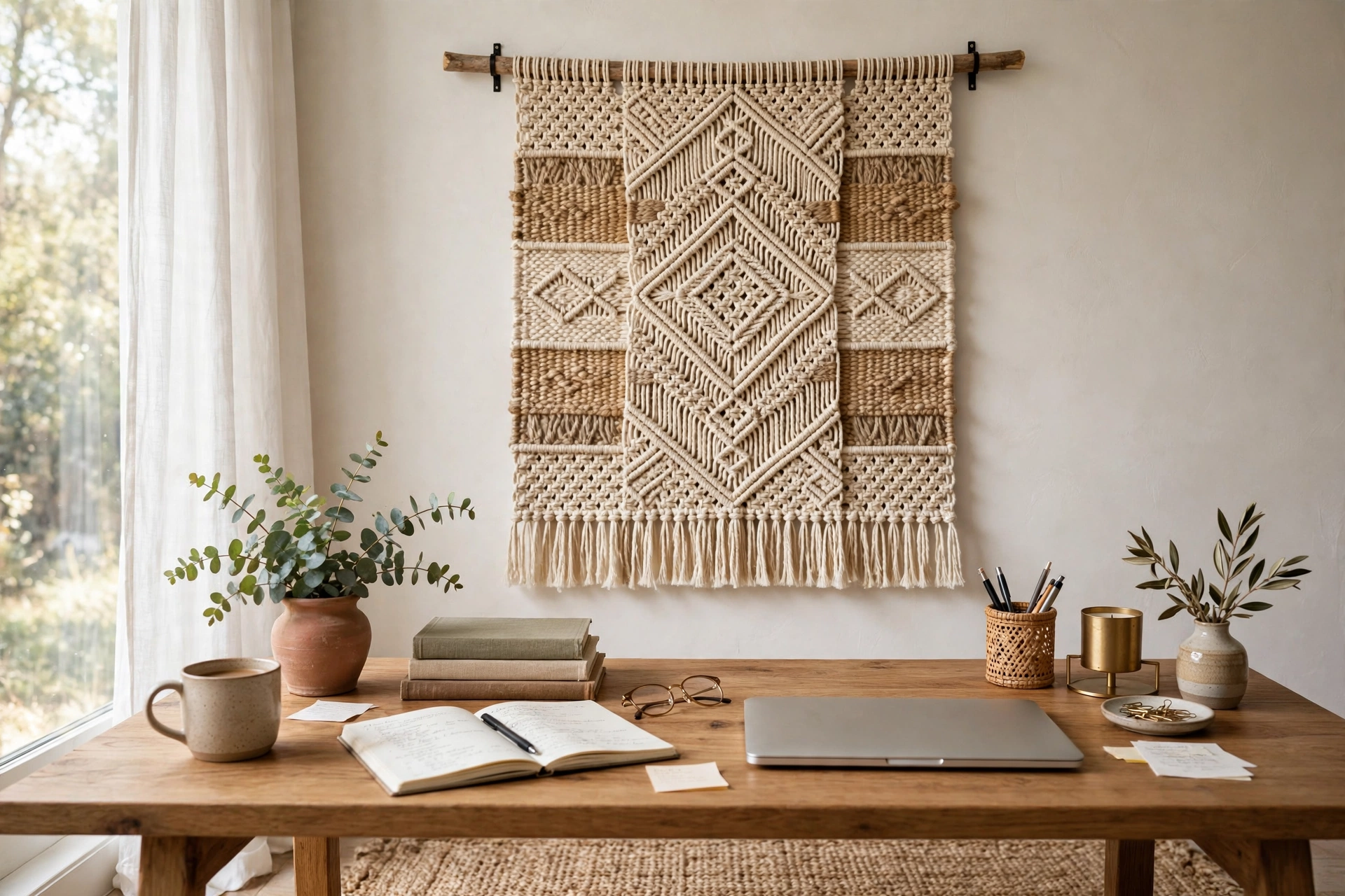 Woven textile wall hanging centered behind a home office desk
