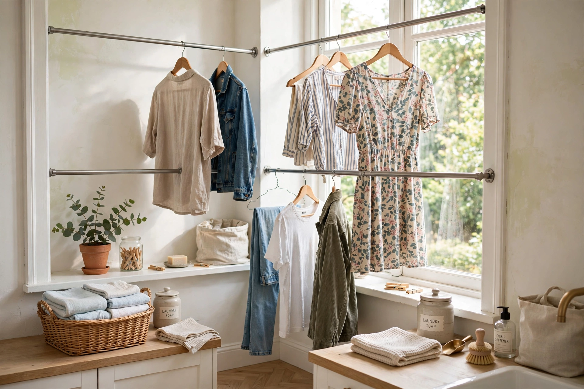 Tension rods with hanging clothes in a bright laundry window