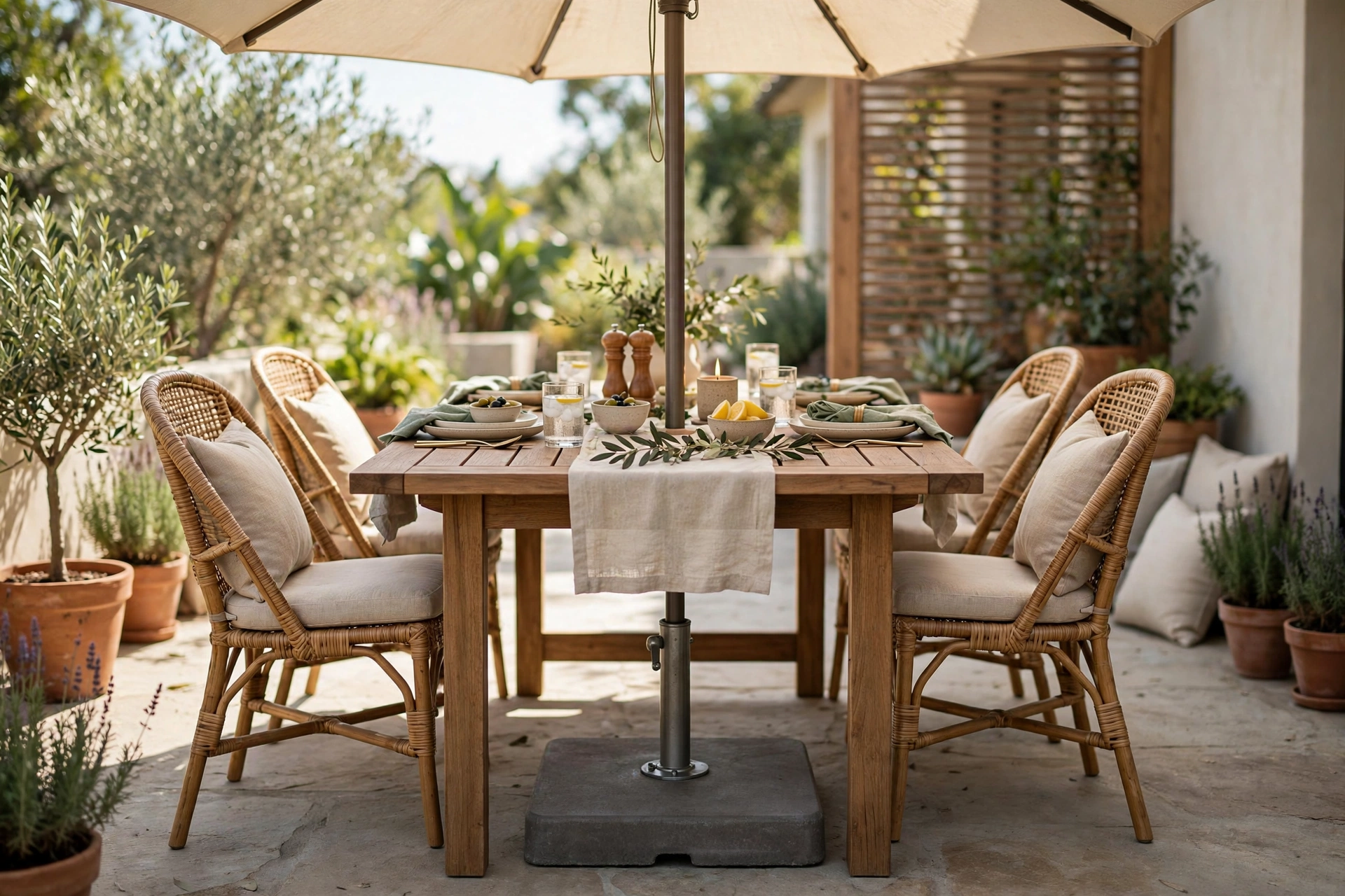 Umbrella pole running through a patio dining table into a base