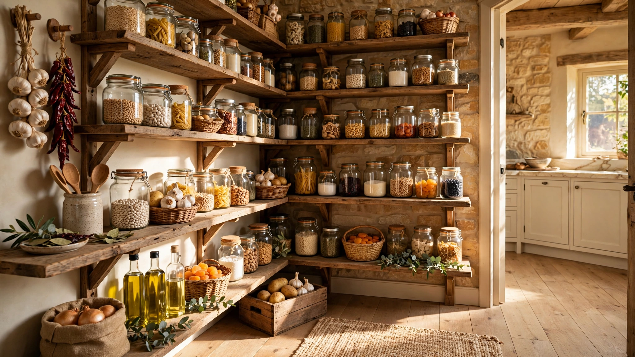Walk-in pantry with wooden shelves stocked with jars in a rustic kitchen