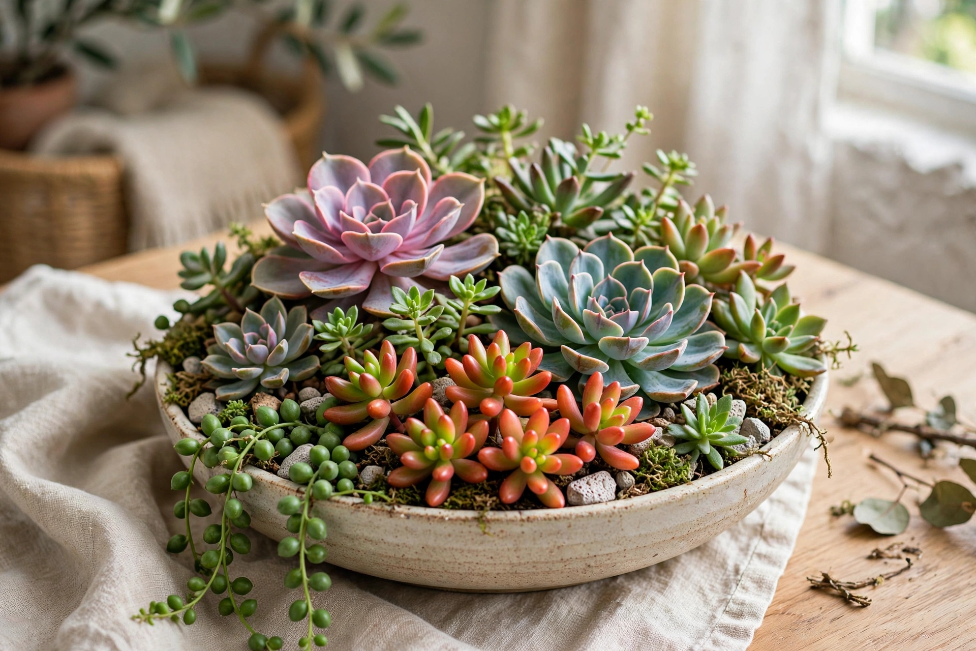 Shallow bowl planted with a colorful arrangement of succulents
