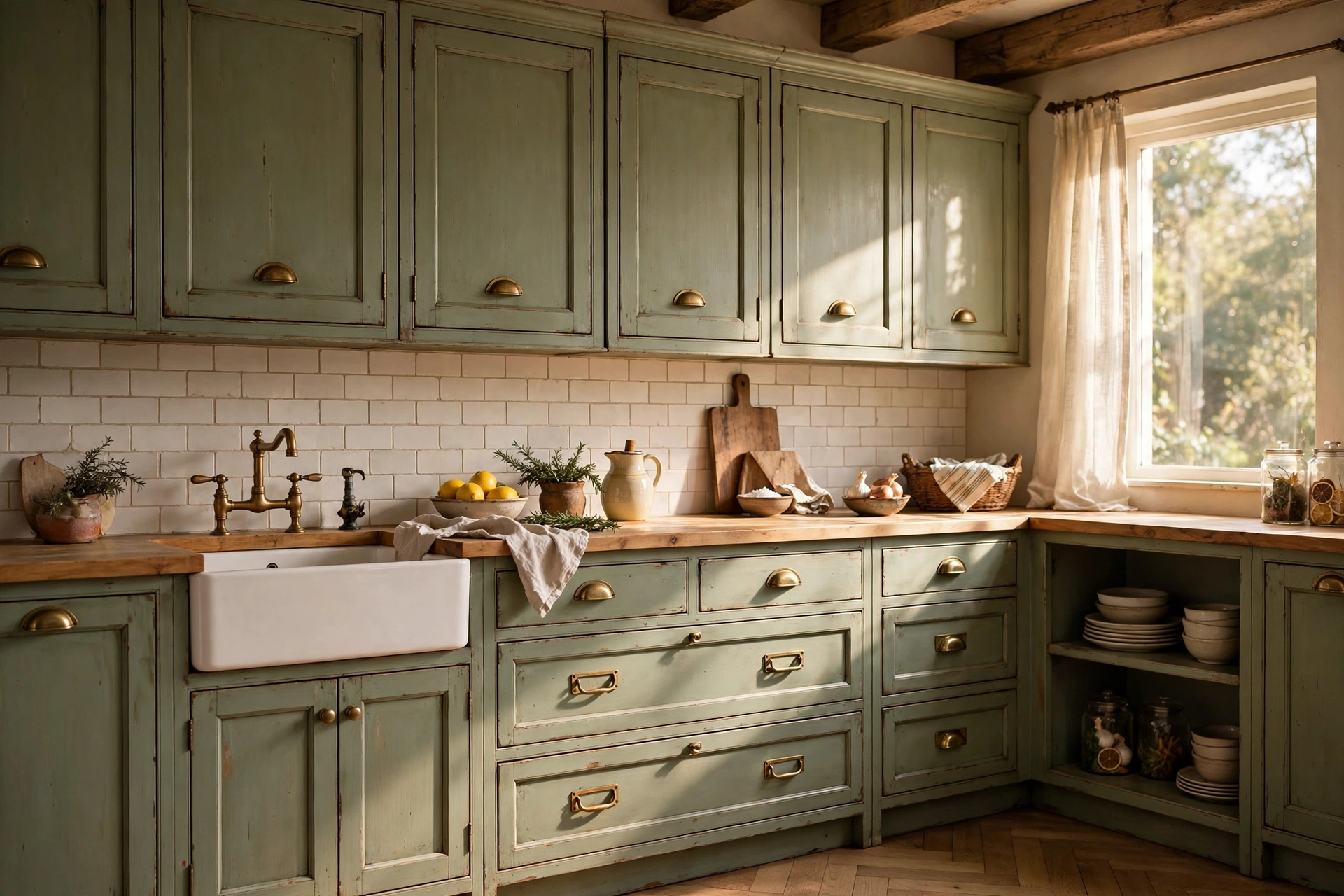 Brass cup pulls and bin pulls on vintage style kitchen cabinets