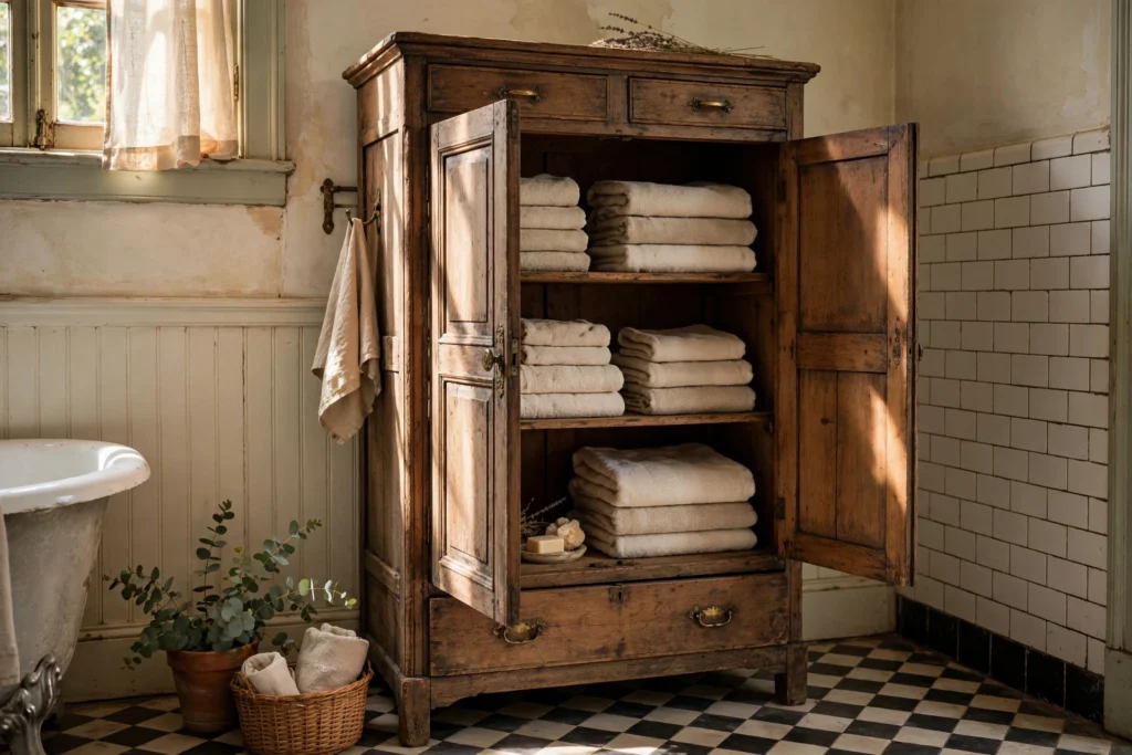 Antique wooden cabinet used for towel storage in a vintage bathroom