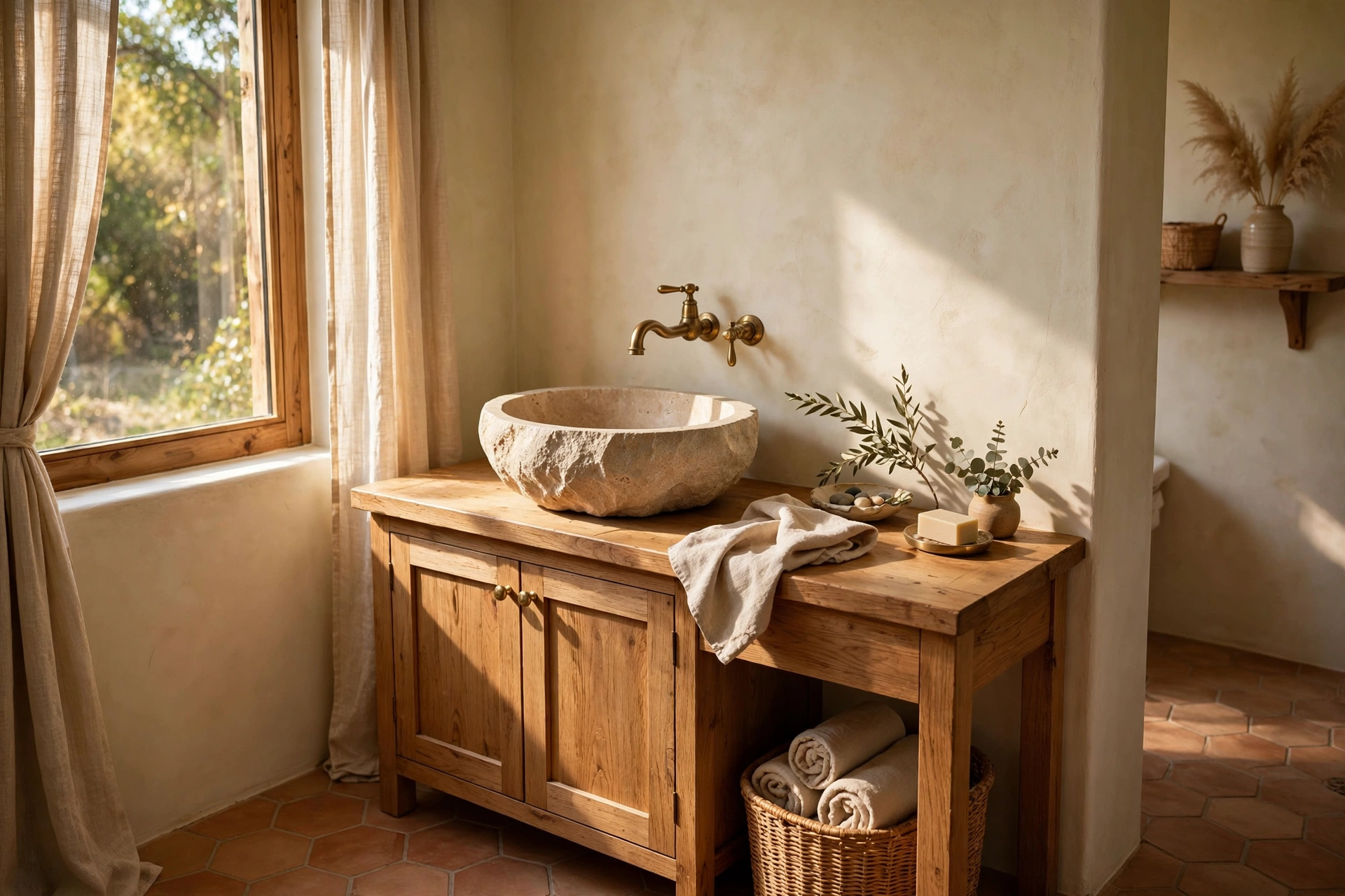 Stone vessel sink on a wooden vanity in a powder room