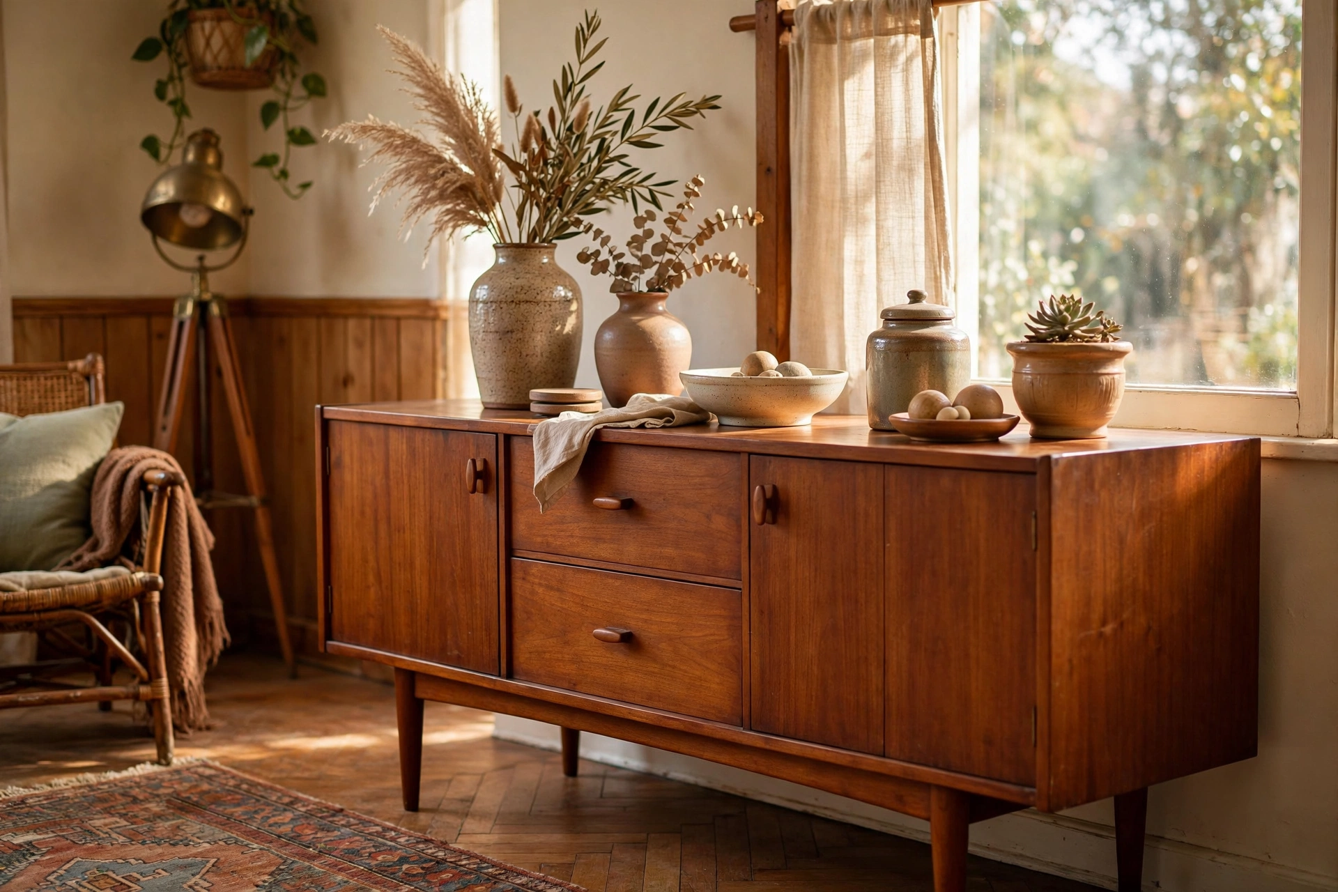 Mid century sideboard styled with ceramics in a vintage living room