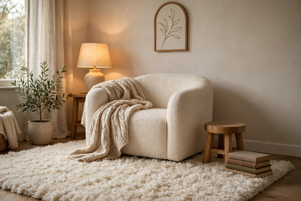 Cozy reading nook anchored by a plush high-pile rug under an armchair